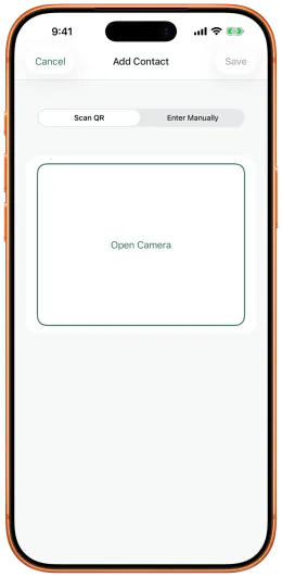Экран Add Contact в rChat с вариантами Scan QR и Enter Manually