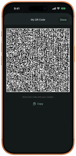 The My QR Code screen in rChat, with a Copy button under the code