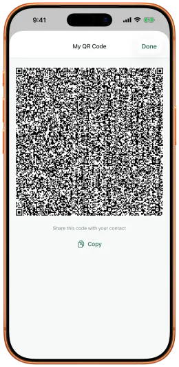 The My QR Code screen in rChat, with a Copy button under the code