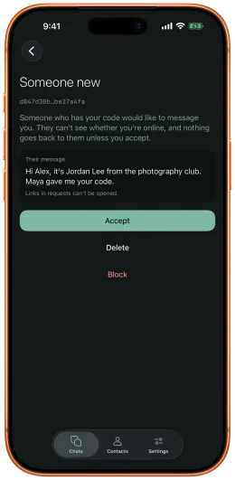 Запрос на переписку в rChat с вариантами Accept, Delete и Block