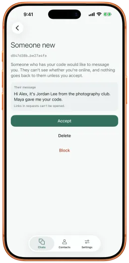 Запрос на переписку в rChat с вариантами Accept, Delete и Block