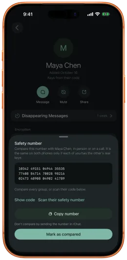The safety number screen in rChat with 60 digits in groups