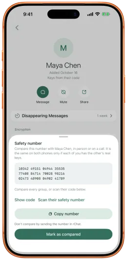 The safety number screen in rChat with 60 digits in groups