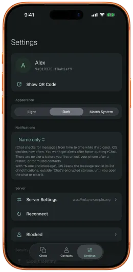 Экран Settings в rChat