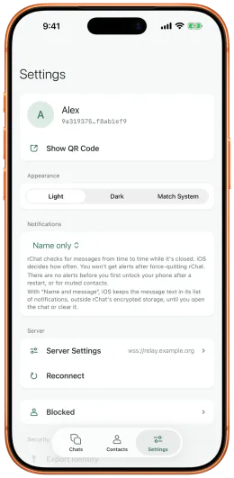 Экран Settings в rChat